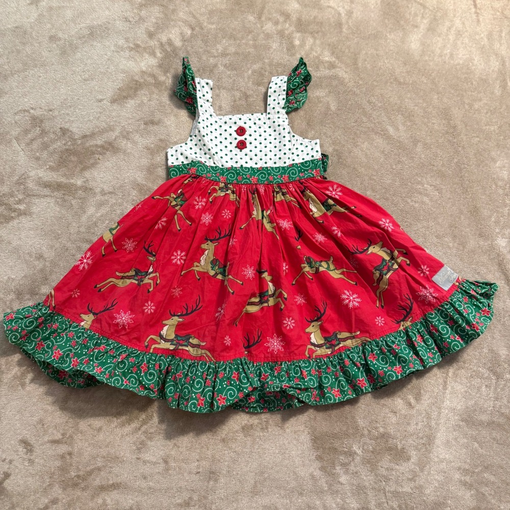 Eleanor Rose Kids Christmas Reindeer Polka Dot Ruffle Dress Red Green Size 5-6